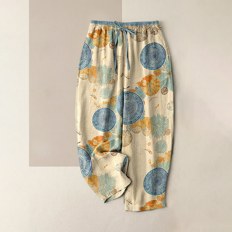 Buddha Stones Damenhose aus reiner Baumwolle mit orangefarbenem Blumenmuster, elastischem Bund und Taschen - Beige - US16, UK/AU20, EU48 (3XL) - image 0