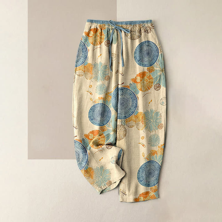 Buddha Stones Damenhose aus reiner Baumwolle mit orangefarbenem Blumenmuster, elastischem Bund und Taschen - Beige - US16, UK/AU20, EU48 (3XL) - image 0