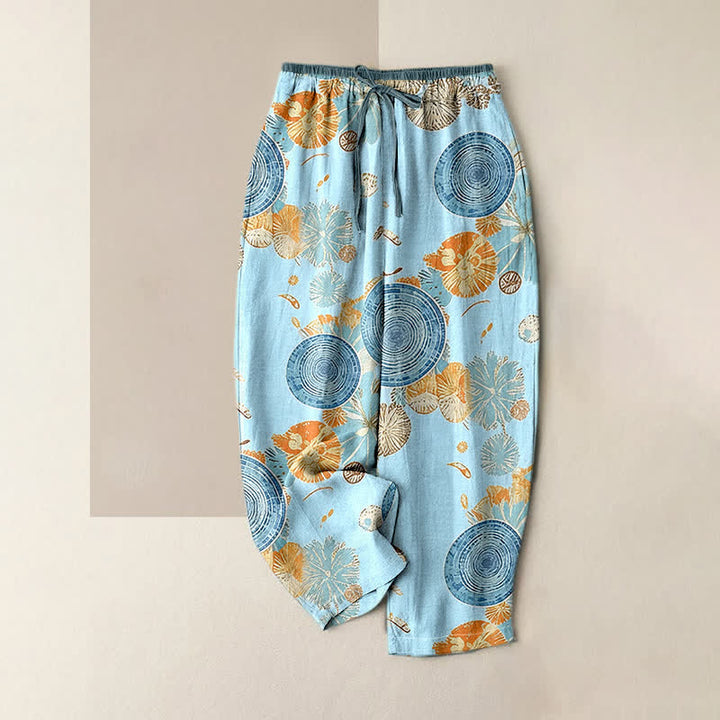 Buddha Stones Damenhose aus reiner Baumwolle mit orangefarbenem Blumenmuster, elastischem Bund und Taschen - Hellblau - US16, UK/AU20, EU48 (3XL) - image 3