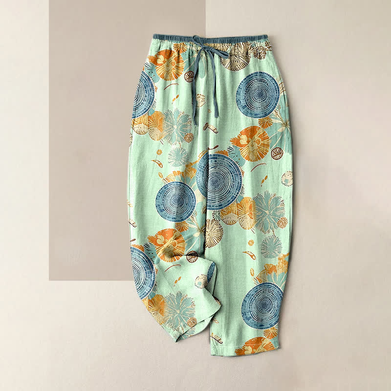 Buddha Stones Damenhose aus reiner Baumwolle mit orangefarbenem Blumenmuster, elastischem Bund und Taschen - Aquamarin - US16, UK/AU20, EU48 (3XL) - image 4