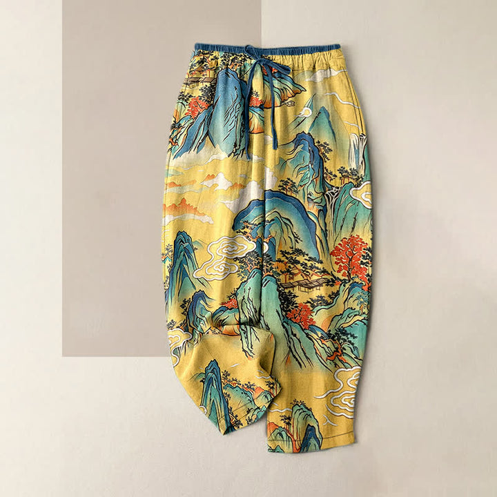 Buddha Stones Damenhose aus reiner Baumwolle mit orientalischem Bergnebelmuster, elastischem Bund und Taschen - Gold - US16, UK/AU20, EU48 (3XL) - image 0