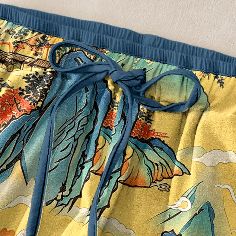 Buddha Stones Damenhose aus reiner Baumwolle mit orientalischem Bergnebelmuster, elastischem Bund und Taschen - image 1