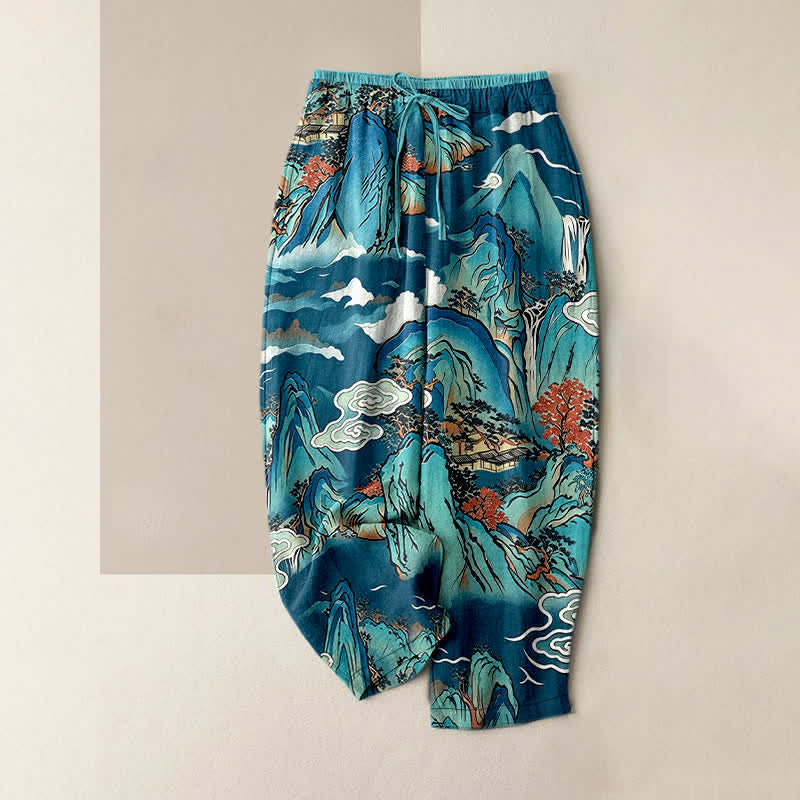 Buddha Stones Damenhose aus reiner Baumwolle mit orientalischem Bergnebelmuster, elastischem Bund und Taschen - Türkis - US16, UK/AU20, EU48 (3XL) - image 4
