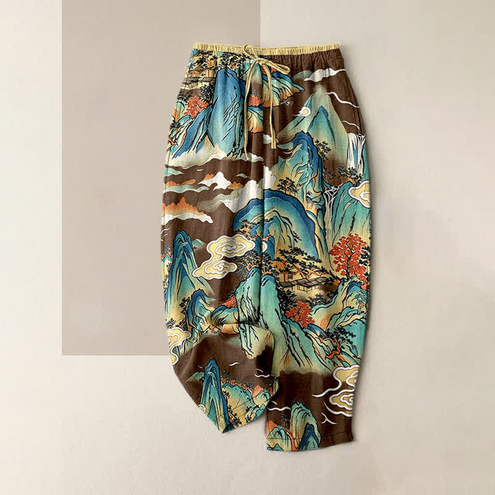 Buddha Stones Damenhose aus reiner Baumwolle mit orientalischem Bergnebelmuster, elastischem Bund und Taschen - Sattelbraun - US16, UK/AU20, EU48 (3XL) - image 5