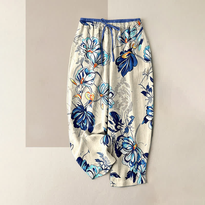 Buddha Stones Damenhose aus reiner Baumwolle mit indigoblauem Blumenmuster, elastischem Bund und Taschen - Elfenbein - US16, UK/AU20, EU48 (3XL) - image 0