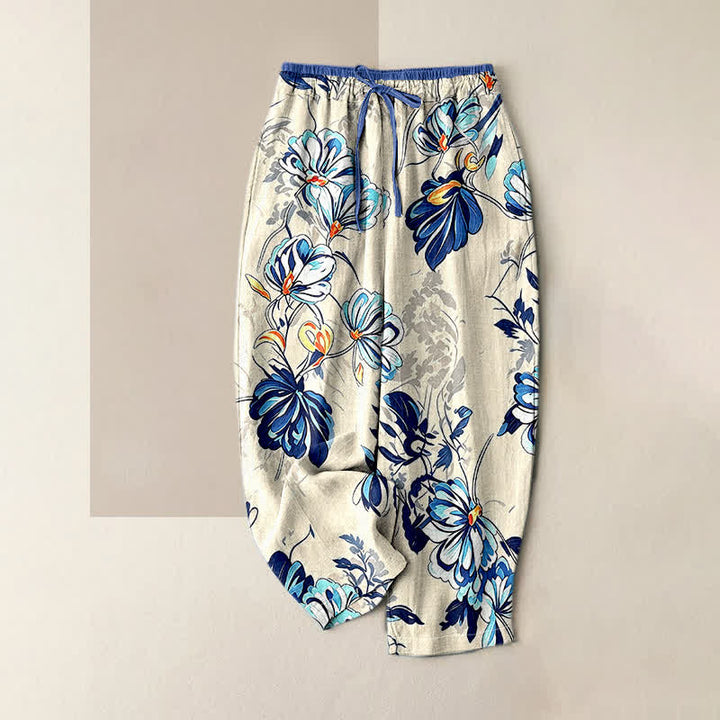 Buddha Stones Damenhose aus reiner Baumwolle mit indigoblauem Blumenmuster, elastischem Bund und Taschen - Elfenbein - US16, UK/AU20, EU48 (3XL) - image 0