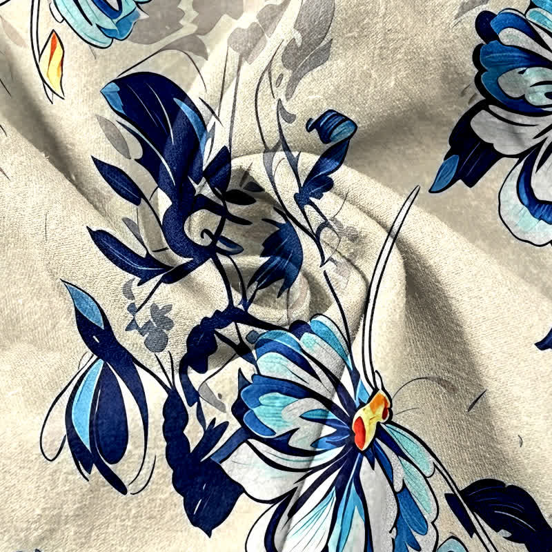 Buddha Stones Damenhose aus reiner Baumwolle mit indigoblauem Blumenmuster, elastischem Bund und Taschen - image 2