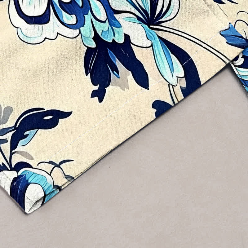 Buddha Stones Damenhose aus reiner Baumwolle mit indigoblauem Blumenmuster, elastischem Bund und Taschen - image 1