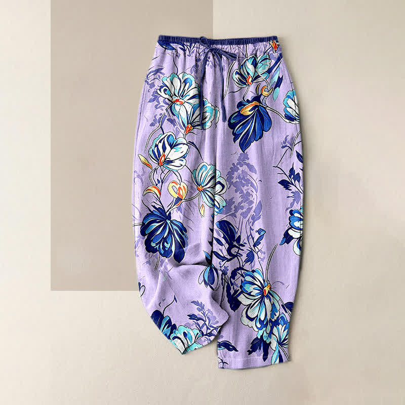 Buddha Stones Damenhose aus reiner Baumwolle mit indigoblauem Blumenmuster, elastischem Bund und Taschen - Lavendel - US16, UK/AU20, EU48 (3XL) - image 3