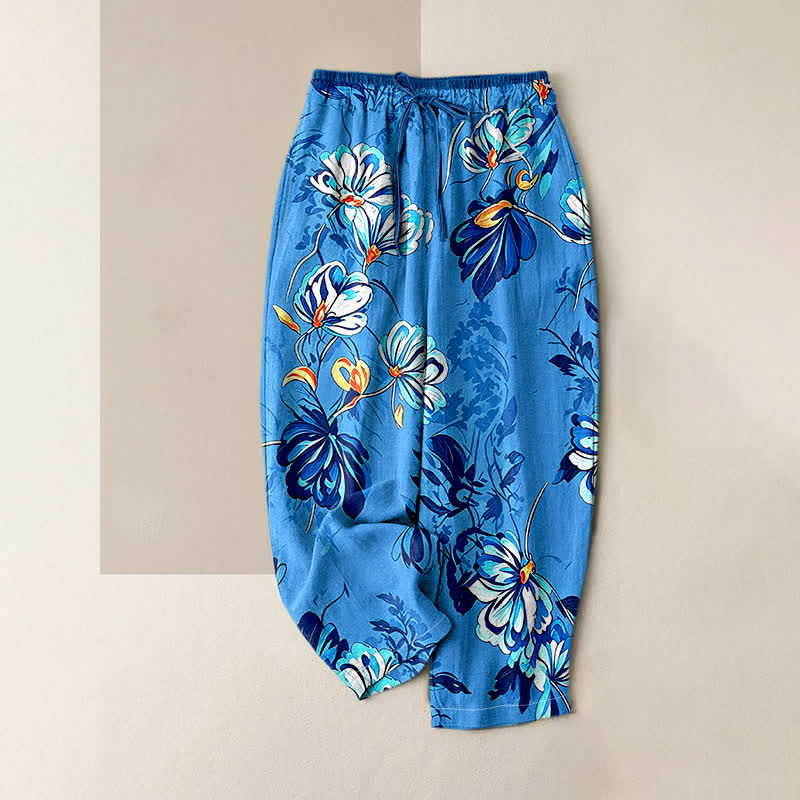 Buddha Stones Damenhose aus reiner Baumwolle mit indigoblauem Blumenmuster, elastischem Bund und Taschen - DodgerBlue - US16, UK/AU20, EU48 (3XL) - image 4
