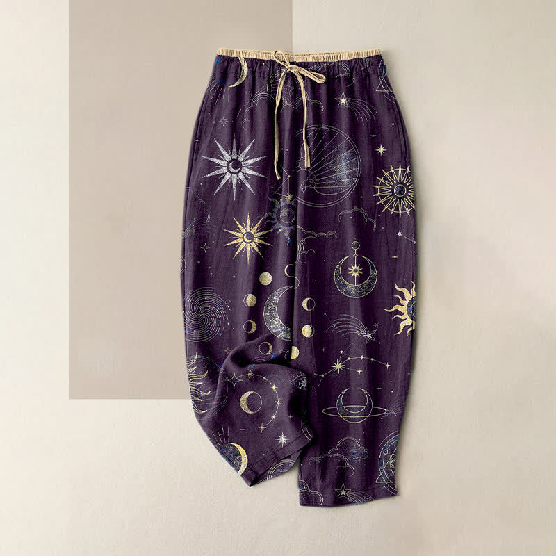 Buddha Stones Damenhose aus reiner Baumwolle mit himmlischem Sonnen-, Mond- und Sternenmuster, elastischem Bund und Taschen - Dunkelviolett - US16, UK/AU20, EU48 (3XL) - image 5