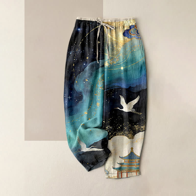 Buddha Stones Damenhose aus reiner Baumwolle mit orientalischem Kranich-Aquarellmuster, elastischem Bund und Taschen - Türkis - US16, UK/AU20, EU48 (3XL) - image 0