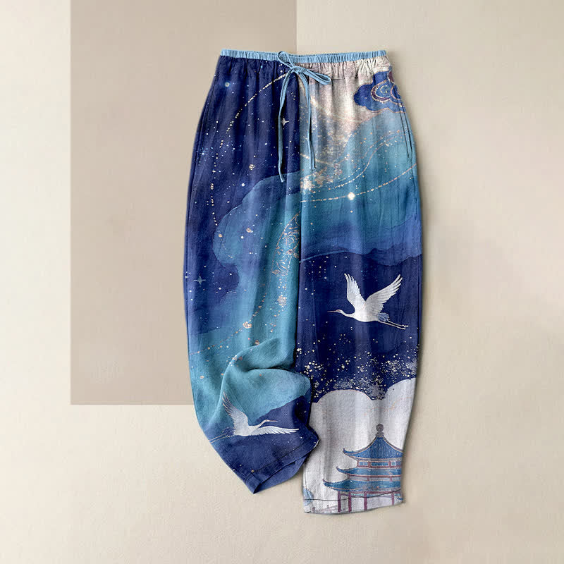 Buddha Stones Damenhose aus reiner Baumwolle mit orientalischem Kranich-Aquarellmuster, elastischem Bund und Taschen - Marine - US16, UK/AU20, EU48 (3XL) - image 4
