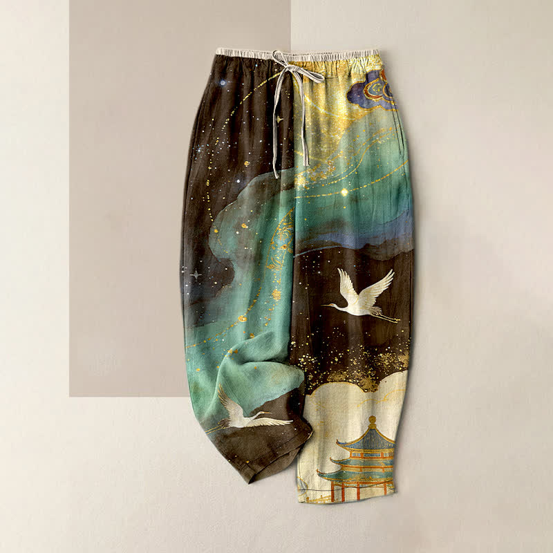 Buddha Stones Damenhose aus reiner Baumwolle mit orientalischem Kranich-Aquarellmuster, elastischem Bund und Taschen - Mittel-Aquamarin - US16, UK/AU20, EU48 (3XL) - image 5
