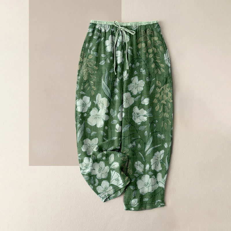 Buddha Stones Damenhose aus reiner Baumwolle mit Blumenmuster, elastischem Bund und Taschen - SeaGreen - US16, UK/AU20, EU48 (3XL) - image 4