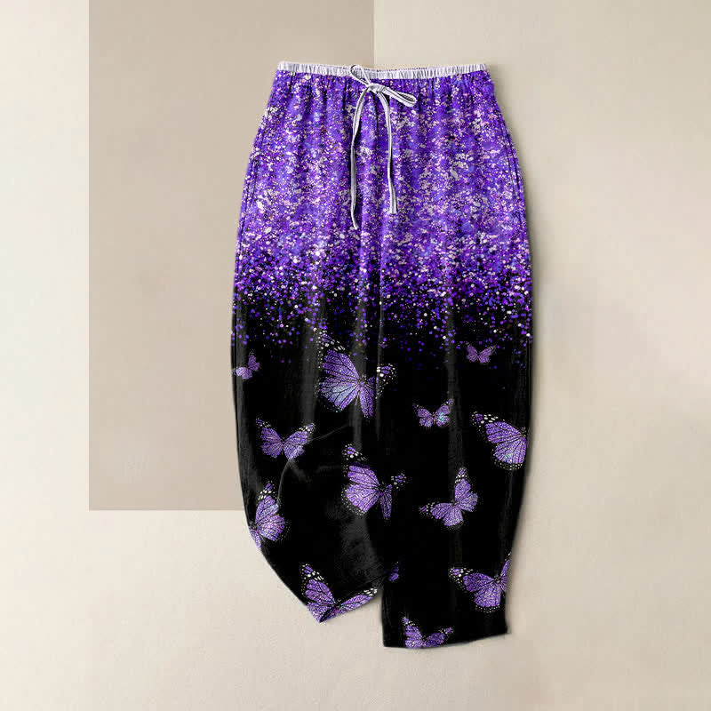 Buddha Stones Damenhose aus reiner Baumwolle mit Farbverlauf und Schmetterlingsmuster, elastischem Bund und Taschen - Blauviolett - US16, UK/AU20, EU48 (3XL) - image 0