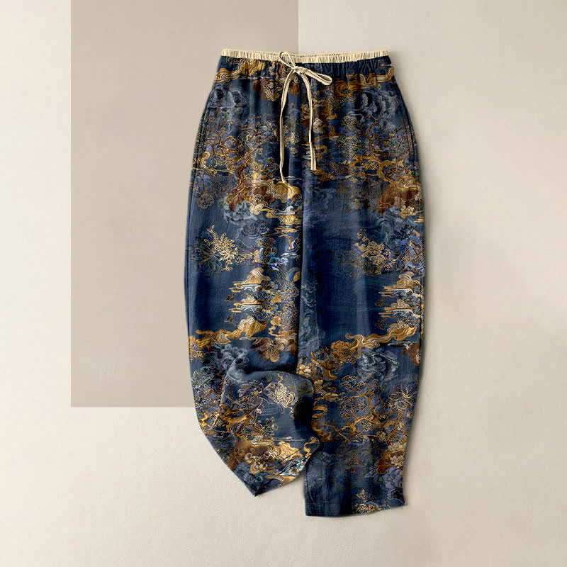 Buddha Stones Damenhose aus reiner Baumwolle mit orientalischem Wolkenmuster, elastischem Bund und Taschen - Marine - US16, UK/AU20, EU48 (3XL) - image 0