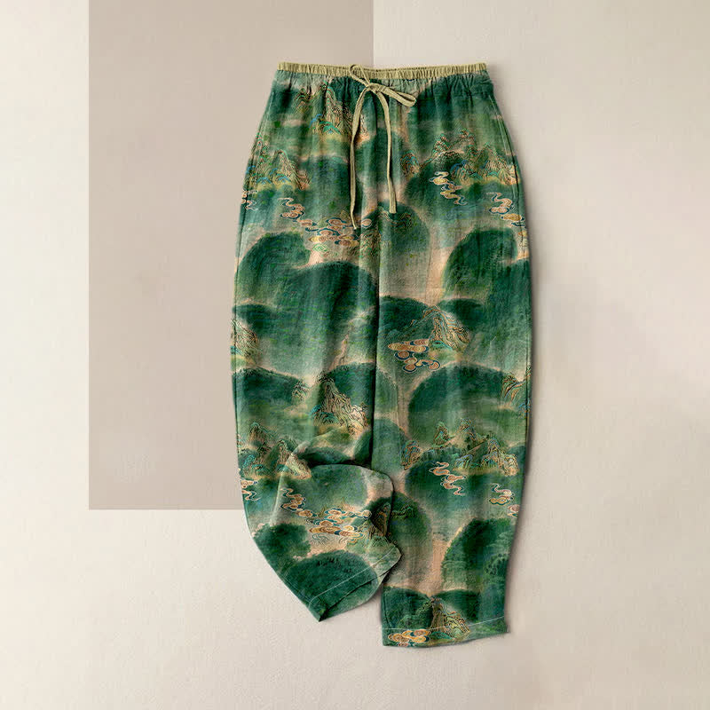 Buddha Stones Damenhose aus reiner Baumwolle mit Bergmuster, elastischem Bund und Taschen - Waldgrün - US16, UK/AU20, EU48 (3XL) - image 0