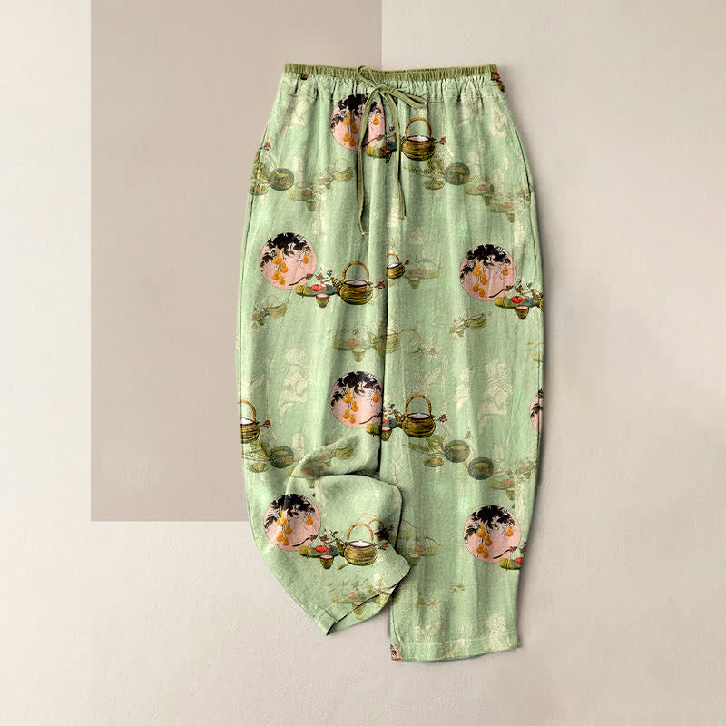 Buddha Stones Damenhose aus reiner Baumwolle mit orientalischem Blumenkorbmuster, elastischem Bund und Taschen - Hellgrün - US16, UK/AU20, EU48 (3XL) - image 0