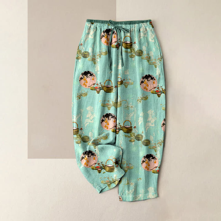 Buddha Stones Damenhose aus reiner Baumwolle mit orientalischem Blumenkorbmuster, elastischem Bund und Taschen - Türkis - US16, UK/AU20, EU48 (3XL) - image 3