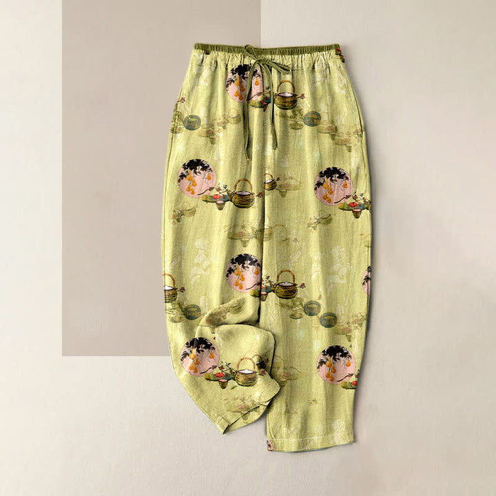 Buddha Stones Damenhose aus reiner Baumwolle mit orientalischem Blumenkorbmuster, elastischem Bund und Taschen - Khaki - US16, UK/AU20, EU48 (3XL) - image 4