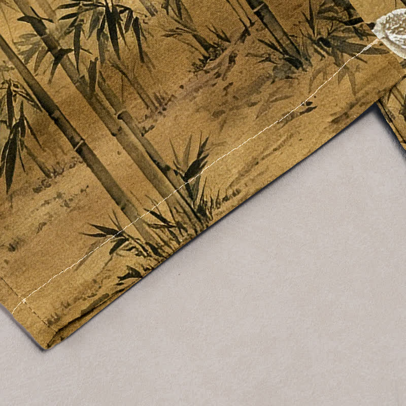 Buddha Stones Damenhose aus reiner Baumwolle mit orientalischem Bambus-Kranichmuster, elastischem Bund und Taschen - image 1