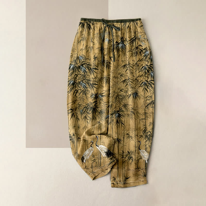 Buddha Stones Damenhose aus reiner Baumwolle mit orientalischem Bambus-Kranichmuster, elastischem Bund und Taschen - Khaki - US16, UK/AU20, EU48 (3XL) - image 0