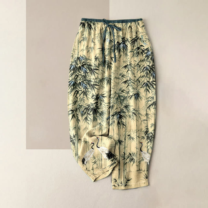 Buddha Stones Damenhose aus reiner Baumwolle mit orientalischem Bambus-Kranichmuster, elastischem Bund und Taschen - Elfenbein - US16, UK/AU20, EU48 (3XL) - image 3