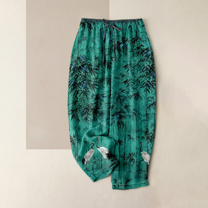 Buddha Stones Damenhose aus reiner Baumwolle mit orientalischem Bambus-Kranichmuster, elastischem Bund und Taschen - Türkis - US16, UK/AU20, EU48 (3XL) - image 4