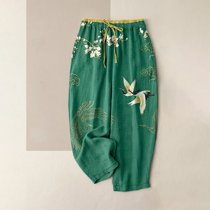 Buddha Stones Damenhose aus reiner Baumwolle mit floralem Kranichmuster, elastischem Bund und Taschen - Waldgrün - US16, UK/AU20, EU48 (3XL) - image 0