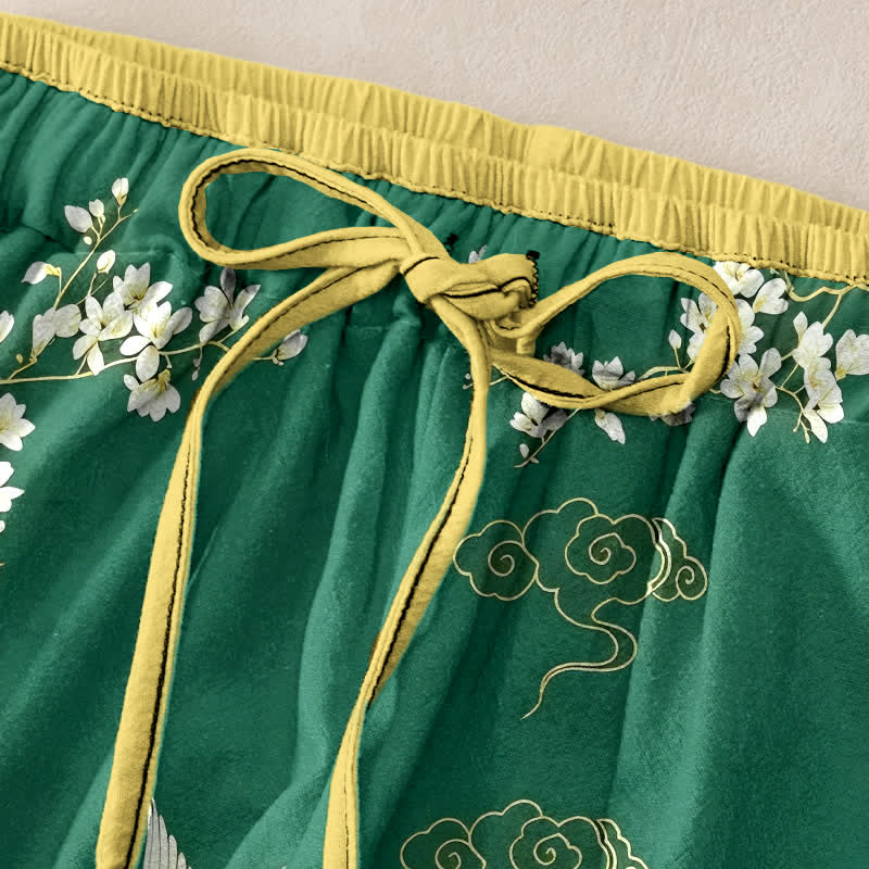 Buddha Stones Damenhose aus reiner Baumwolle mit floralem Kranichmuster, elastischem Bund und Taschen - image 1