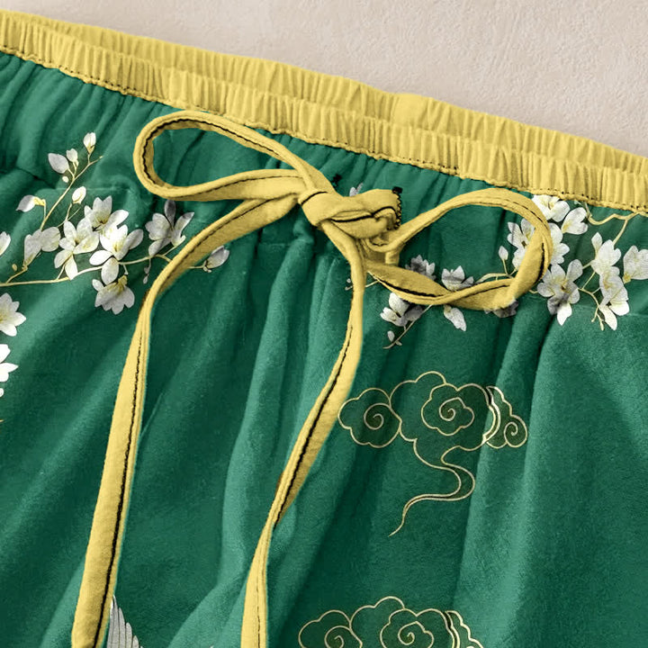 Buddha Stones Damenhose aus reiner Baumwolle mit floralem Kranichmuster, elastischem Bund und Taschen - image 1