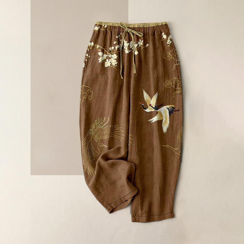Buddha Stones Damenhose aus reiner Baumwolle mit floralem Kranichmuster, elastischem Bund und Taschen - Braun - US16, UK/AU20, EU48 (3XL) - image 4