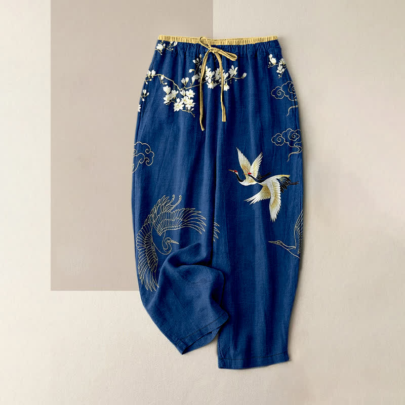 Buddha Stones Damenhose aus reiner Baumwolle mit floralem Kranichmuster, elastischem Bund und Taschen - Marine - US16, UK/AU20, EU48 (3XL) - image 5