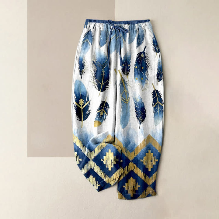 Buddha Stones Damenhose aus reiner Baumwolle mit marineblauem Feder- und Goldbordürenmuster, elastischem Bund und Taschen - Weiß - US16, UK/AU20, EU48 (3XL) - image 0