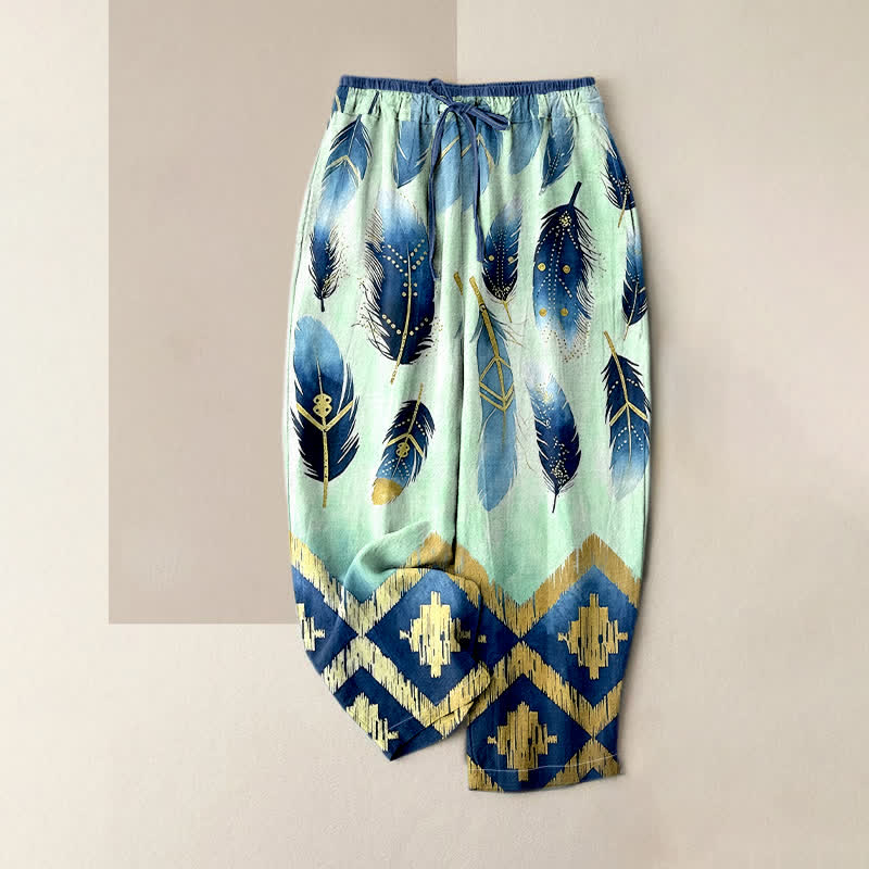 Buddha Stones Damenhose aus reiner Baumwolle mit marineblauem Feder- und Goldbordürenmuster, elastischem Bund und Taschen - Aquamarin - US16, UK/AU20, EU48 (3XL) - image 3