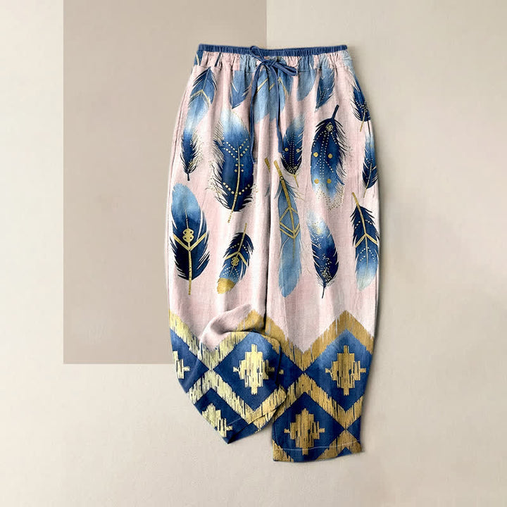 Buddha Stones Damenhose aus reiner Baumwolle mit marineblauem Feder- und Goldbordürenmuster, elastischem Bund und Taschen - Hellrosa - US16, UK/AU20, EU48 (3XL) - image 4