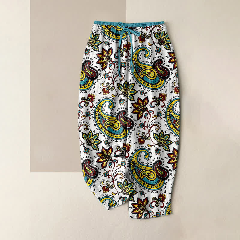 Buddha Stones Damen-Haremshose aus reiner Baumwolle mit Paisley-Blumenmuster, elastischem Bund und Taschen - Weiß - US16, UK/AU20, EU48 (3XL) - image 3