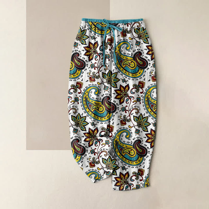 Buddha Stones Damen-Haremshose aus reiner Baumwolle mit Paisley-Blumenmuster, elastischem Bund und Taschen - Weiß - US16, UK/AU20, EU48 (3XL) - image 3