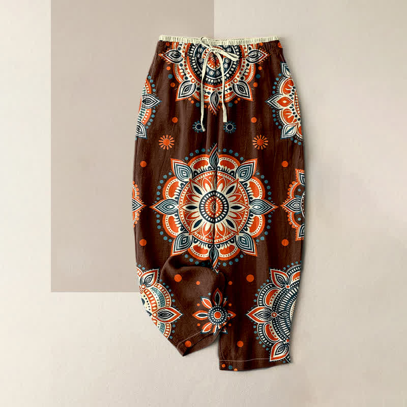 Buddha Stones Damenhose aus reiner Baumwolle mit Mandala-Blumenmuster, elastischem Bund und Taschen - Braun - US16, UK/AU20, EU48 (3XL) - image 0