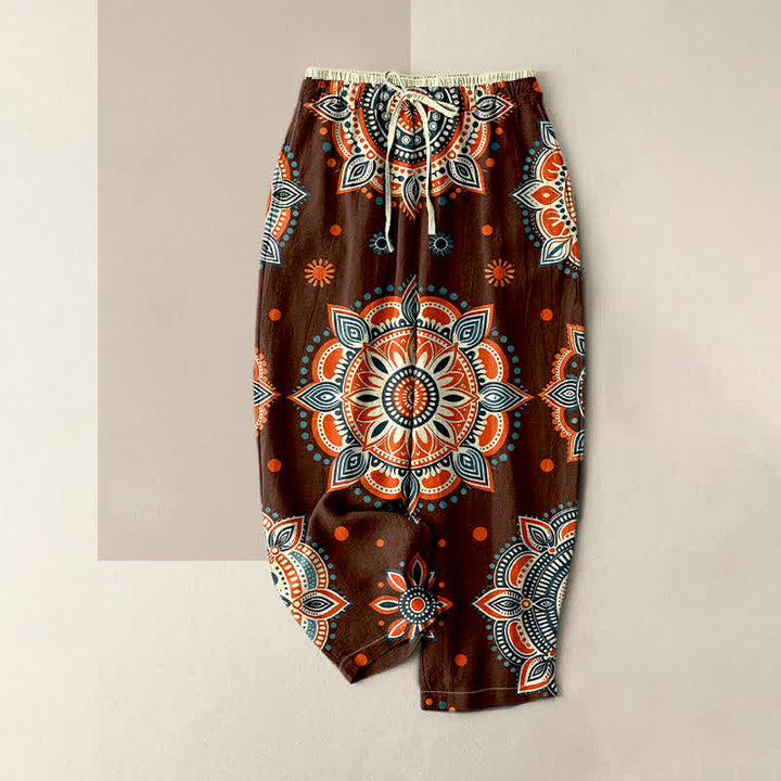 Buddha Stones Damenhose aus reiner Baumwolle mit Mandala-Blumenmuster, elastischem Bund und Taschen - Braun - US16, UK/AU20, EU48 (3XL) - image 0