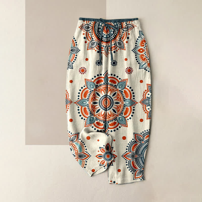 Buddha Stones Damenhose aus reiner Baumwolle mit Mandala-Blumenmuster, elastischem Bund und Taschen - Elfenbein - US16, UK/AU20, EU48 (3XL) - image 3