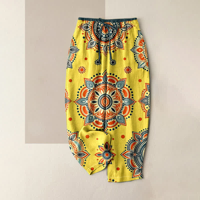 Buddha Stones Damenhose aus reiner Baumwolle mit Mandala-Blumenmuster, elastischem Bund und Taschen - Gelb - US16, UK/AU20, EU48 (3XL) - image 4