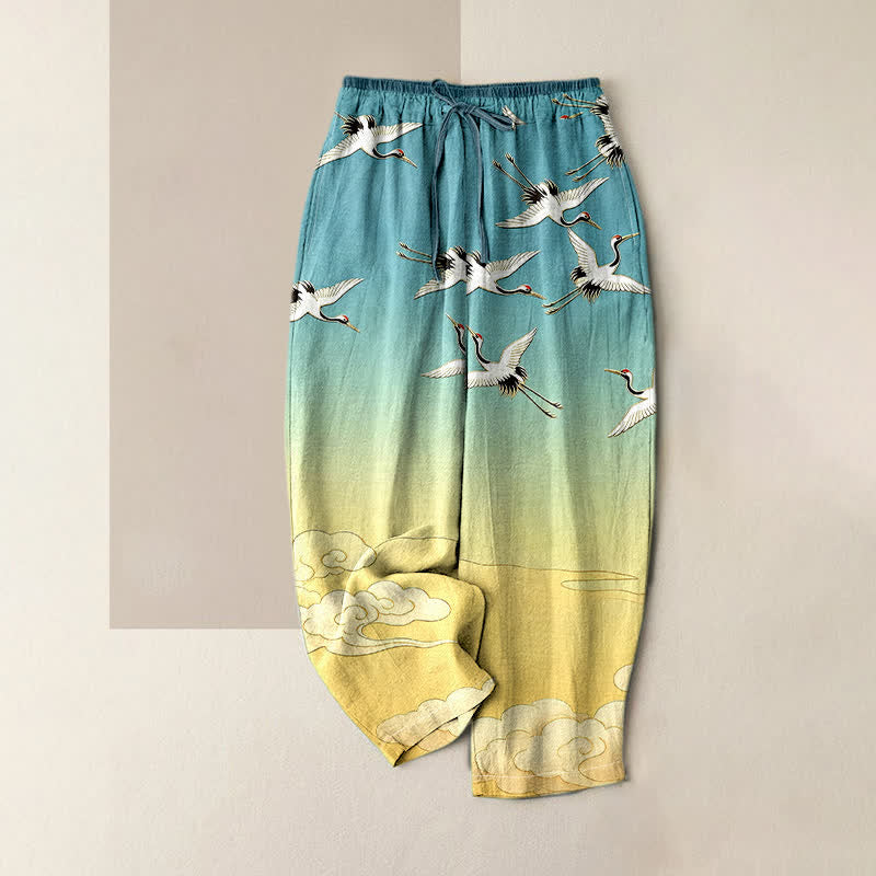 Buddha Stones Damenhose aus reiner Baumwolle mit elastischem Bund, Taschen und Kranich- und Wolkenmuster (Farbverlauf) - Türkis - US16, UK/AU20, EU48 (3XL) - image 0