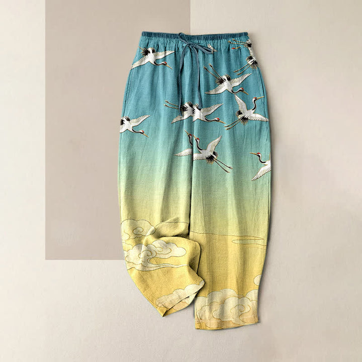 Buddha Stones Damenhose aus reiner Baumwolle mit elastischem Bund, Taschen und Kranich- und Wolkenmuster (Farbverlauf) - Türkis - US16, UK/AU20, EU48 (3XL) - image 0