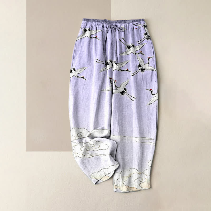 Buddha Stones Damenhose aus reiner Baumwolle mit elastischem Bund, Taschen und Kranich- und Wolkenmuster (Farbverlauf) - Lavendel - US16, UK/AU20, EU48 (3XL) - image 3