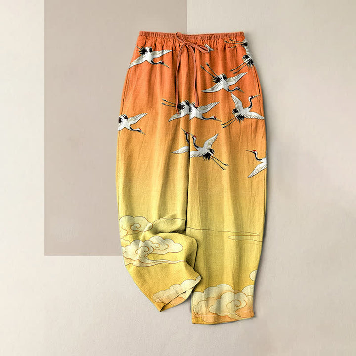 Buddha Stones Damenhose aus reiner Baumwolle mit elastischem Bund, Taschen und Kranich- und Wolkenmuster (Farbverlauf) - Orange - US16, UK/AU20, EU48 (3XL) - image 4