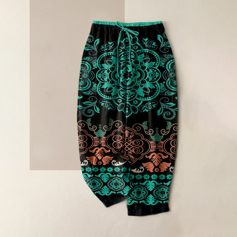 Buddha Stones Damenhose aus reiner Baumwolle mit Mandala-Muster, elastischem Bund und Taschen - Türkis - US16, UK/AU20, EU48 (3XL) - image 0