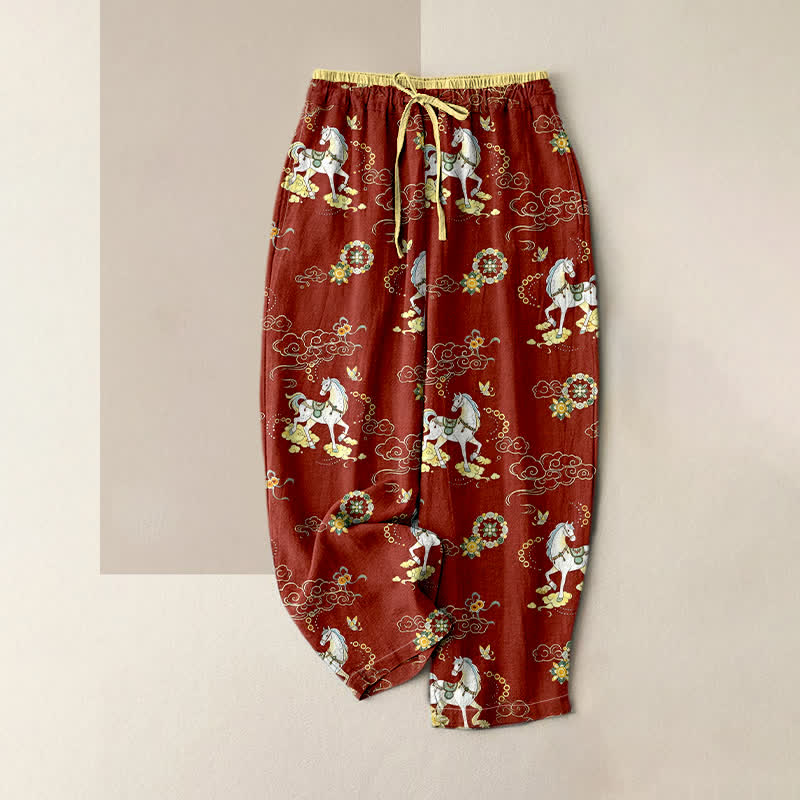 Buddha Stones Damenhose aus reiner Baumwolle mit Reitmotiv, Wolken- und Blumenmuster, elastischem Bund und Taschen - Sienna - US16, UK/AU20, EU48 (3XL) - image 0