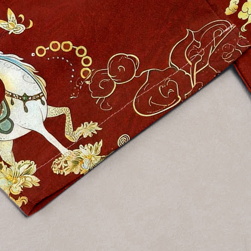 Buddha Stones Damenhose aus reiner Baumwolle mit Reitmotiv, Wolken- und Blumenmuster, elastischem Bund und Taschen - image 1